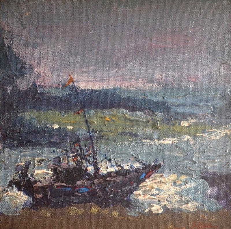 Seascape acrylic painting titled 'Boat 2', 8x8 inches, by artist Shubham Kesur on Canvas