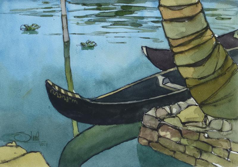 Seascape watercolor painting titled 'Boat', 10x14 inches, by artist Sharad Tawade on Paper