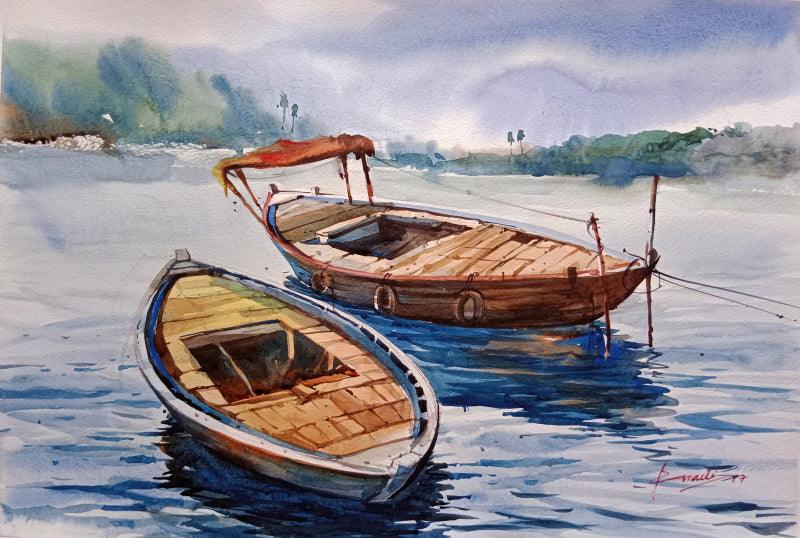 Nature watercolor painting titled 'Boat', 22x15 inches, by artist Prasanta Maiti on Paper