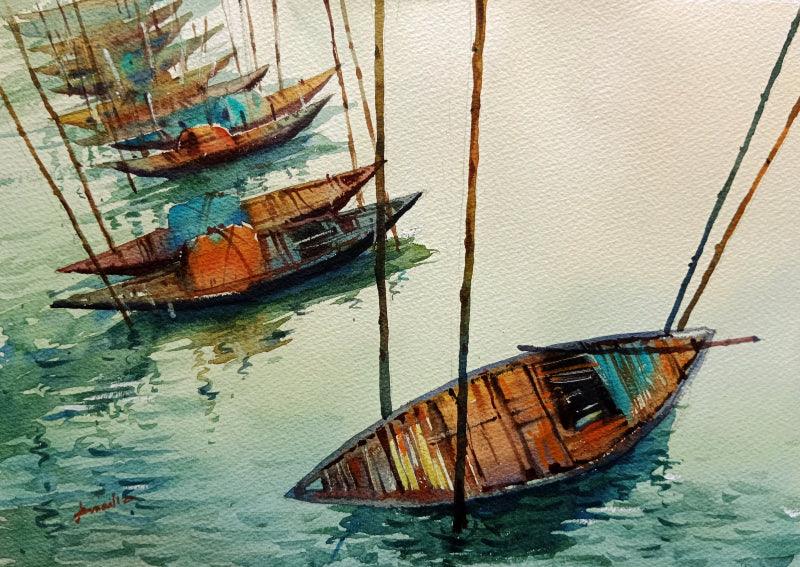 Nature watercolor painting titled 'Boat', 14x10 inches, by artist Prasanta Maiti on Paper