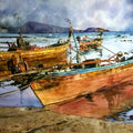 Landscape watercolor painting titled 'Boats', 22x15 inches, by artist Dr Uday Bhan on Paper