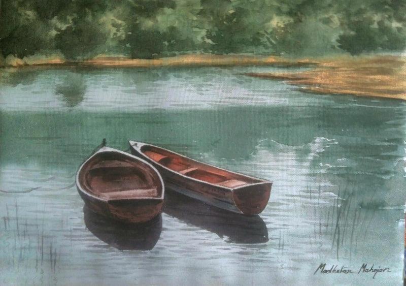 Seascape watercolor painting titled 'Boats', 12x16 inches, by artist Madhukar Mahajan on Paper