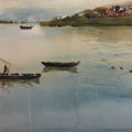 Landscape watercolor painting titled 'Boats', 15x22 inches, by artist Kiran Gunjkar on Handmade Paper