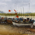 Landscape watercolor painting titled 'Boats', 15x11 inches, by artist Kiran Gunjkar on Handmade paper