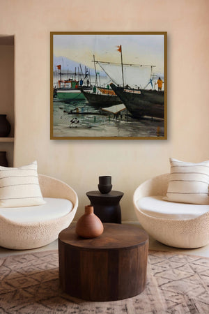 Boats (Harbor Hues) by artist Kiran Gunjkar displayed in a Minimalist gallery