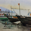 Landscape watercolor painting titled 'Boats', 15x22 inches, by artist Kiran Gunjkar on Handmade Paper
