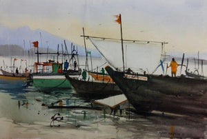 Boats (Harbor Hues) by Kiran Gunjkar, Original Watercolor Landscape Painting on Handmade Paper, Small Horizontal Wall Art