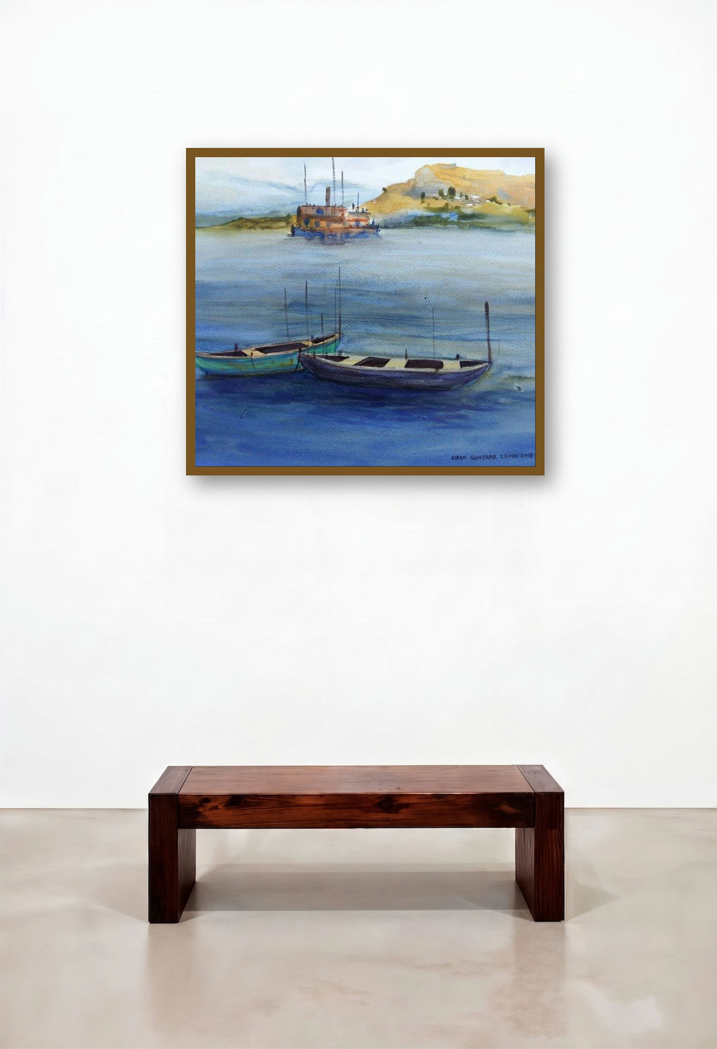 Boats (Harbor Serenity) by artist Kiran Gunjkar displayed in a Industrial Hotel Suite