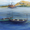 Landscape watercolor painting titled 'Boats', 12x16 inches, by artist Kiran Gunjkar on Handmade Paper
