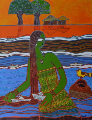 Figurative acrylic painting titled 'Boats', 48x36 inches, by artist Santanu Nandan Dinda on Canvas