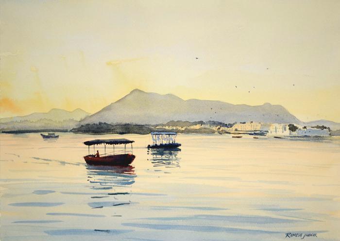 Boats On Lake Pichola Painting by Ramesh Jhawar | ArtZolo.com