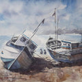 Landscape watercolor painting titled 'Boats at rest', 16x12 inches, by artist Mrutyunjaya Dash on Paper