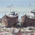 Landscape watercolor painting titled 'Boats at rest', 16x12 inches, by artist Mrutyunjaya Dash on Paper