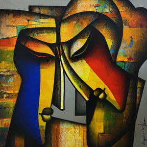 Figurative acrylic charcoal painting titled 'Bond Of Love 3', 36x36 inches, by artist Jagannath Paul on Canvas