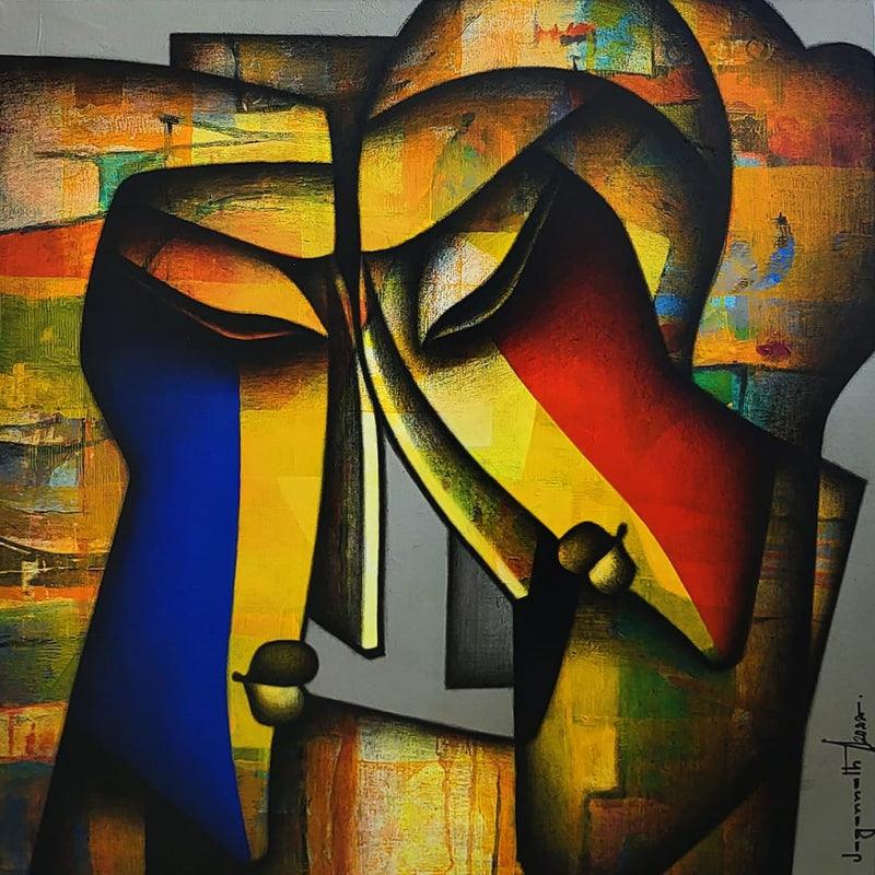 Figurative acrylic charcoal painting titled 'Bond Of Love 3', 36x36 inches, by artist Jagannath Paul on Canvas