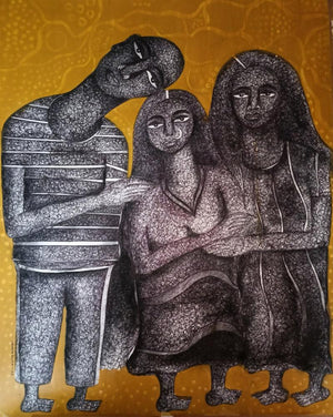 Figurative mixed media painting titled 'Bonding', 27x22 inches, by artist Ankita Dutta on Paper