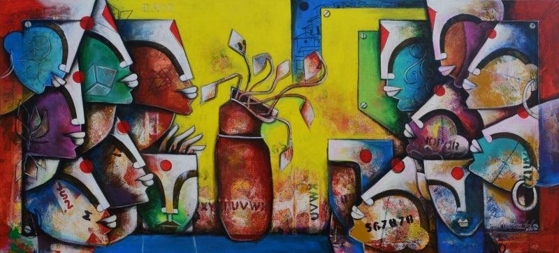 contemporary acrylic painting titled 'Bonding of eternal love', 30x66 inches, by artist Anupam Pal on canvas