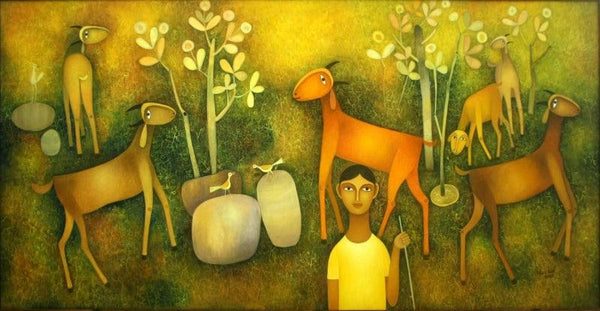 Boy With Goats Painting by Mohan Naik | ArtZolo.com