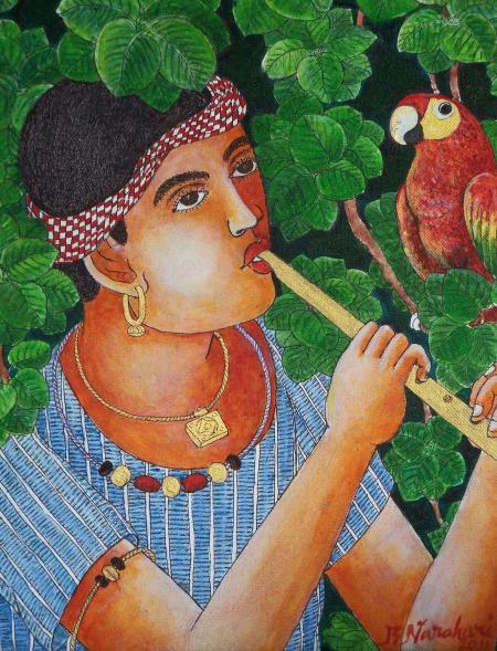 Boy With Parrot Painting by Bhawandla Narahari | ArtZolo.com