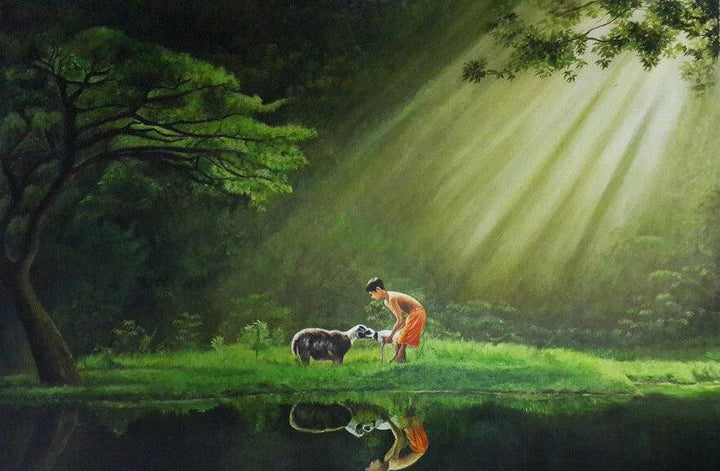 Boy With Sheep Painting by Prasad Karambat | ArtZolo.com