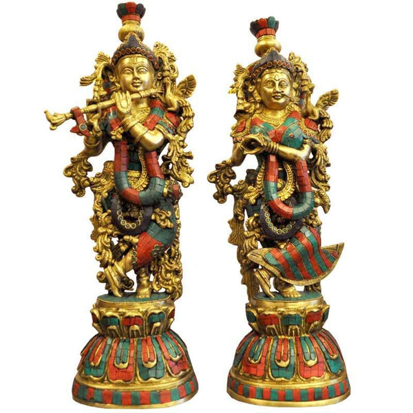 Brass Radha Krishna Statue With Colored Handicraft by Brass Art | ArtZolo.com