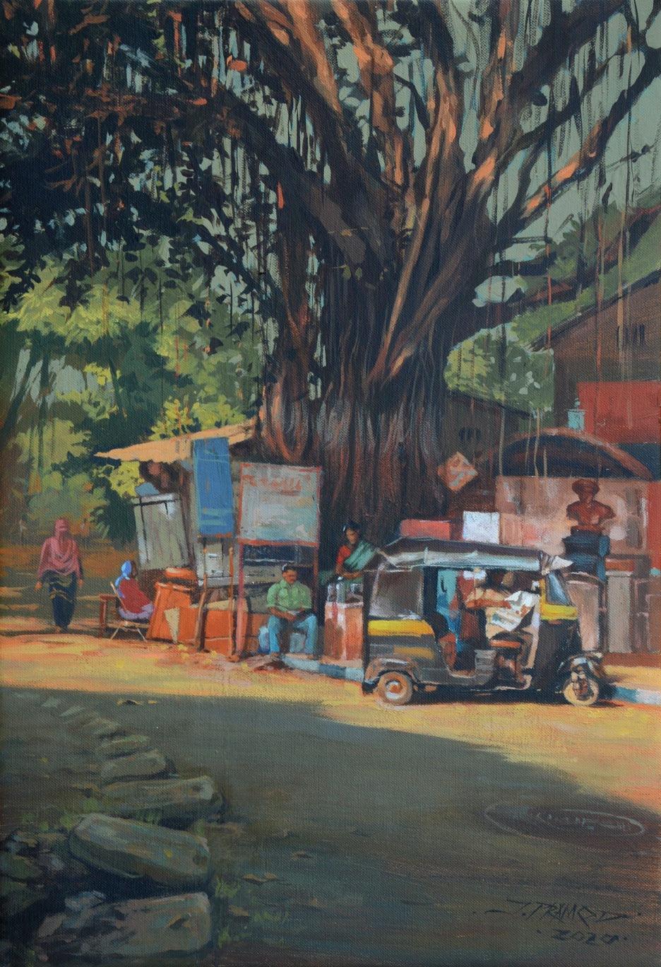 Cityscape acrylic painting titled 'Breathing Lights 6', 19x13 inches, by artist Pramod Jagtap on Canvas