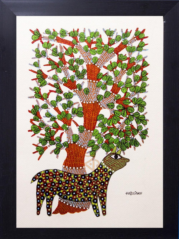 Brown Spotted Deer Gond Art Traditional Art by Kalavithi Art Ventures | ArtZolo.com