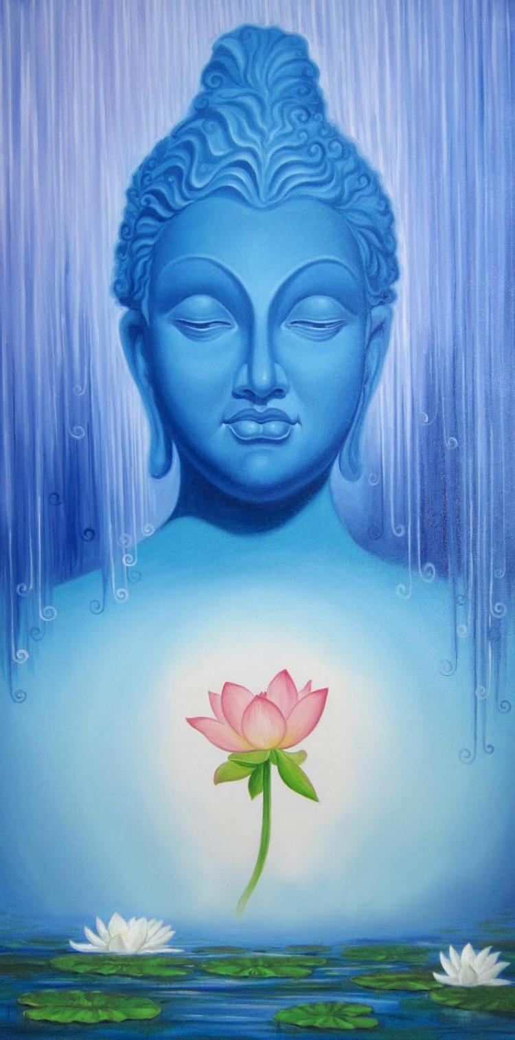 Motivational oil painting titled 'Buddha 1', 36x18 inches, by artist Baburao (amit) Awate on Canvas