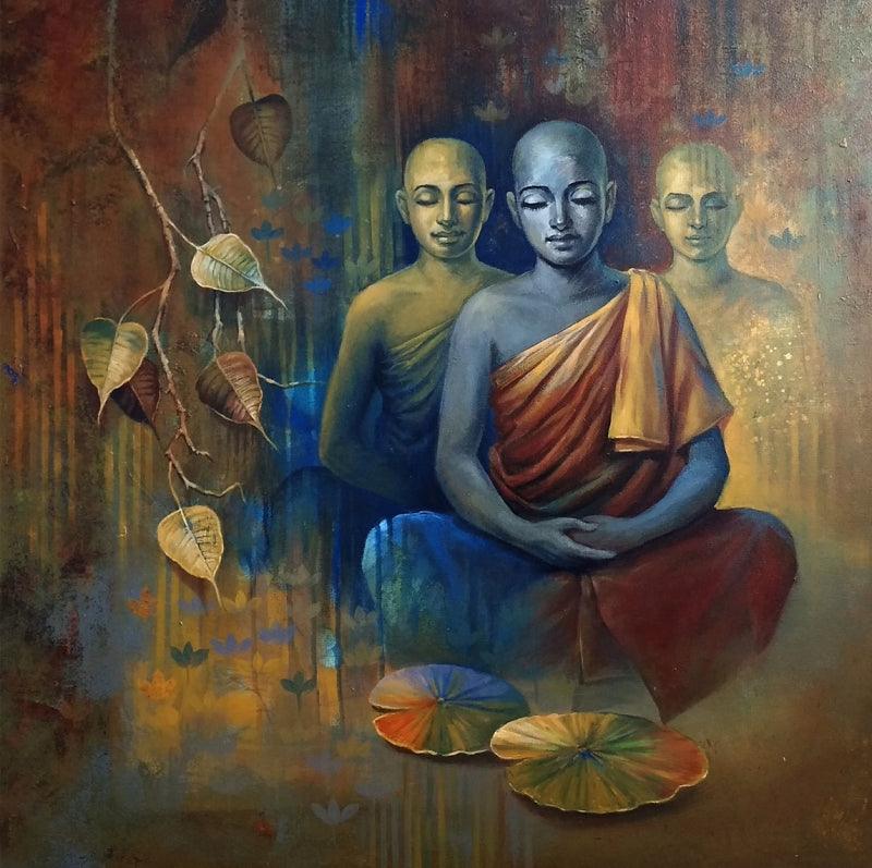 Religious acrylic painting titled 'Buddha 4', 30x30 inches, by artist Sanjay Lokhande on Canvas
