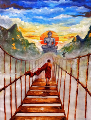 Religious acrylic painting titled 'Buddha And Monk Child', 30x24 inches, by artist Arjun Das on Canvas