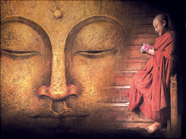 Buddha And Monk Praying Painting by Shyam Verma | ArtZolo.com