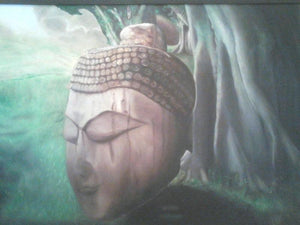 Religious oil painting titled 'Buddha', 36x24 inches, by artist Seema Jain on Canvas Board