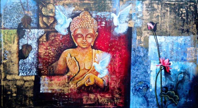 Religious acrylic painting titled 'Buddha', 33x60 inches, by artist Arjun Das on Canvas Board