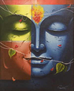 Religious oil painting titled 'Buddha', 36x30 inches, by artist Pradeep Kumar on Canvas