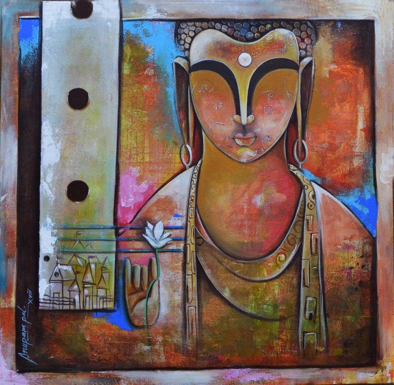 contemporary acrylic painting titled 'Buddha', 30x30 inches, by artist Anupam Pal on canvas