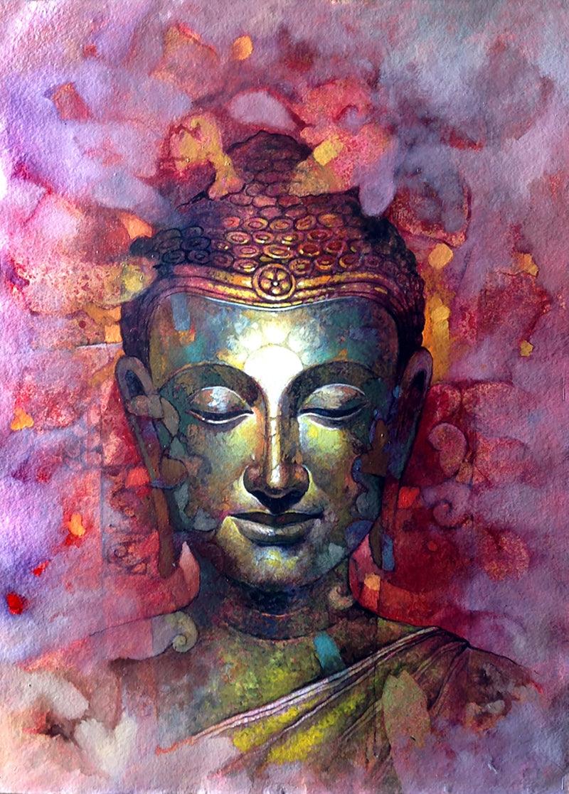 Religious oil painting titled 'Buddha', 28x24 inches, by artist Sudhir Meher on Paper
