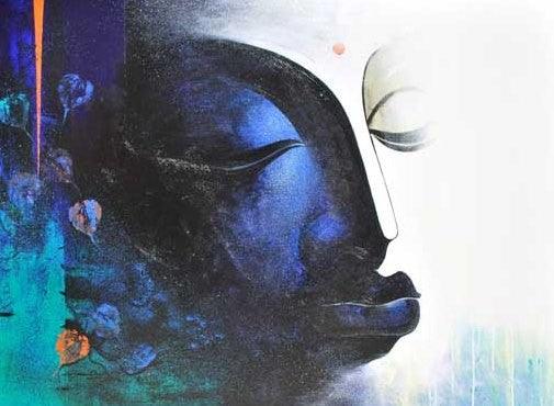 Figurative acrylic painting titled 'Buddha I', 48x36 inches, by artist Narayan Shelke on Canvas