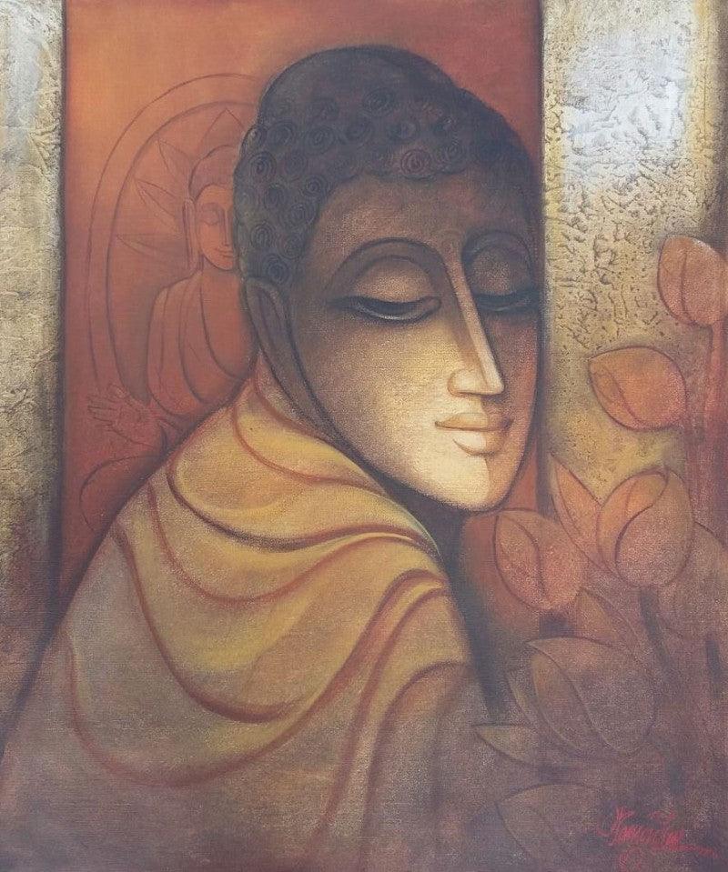 Figurative mixed media painting titled 'Buddha I', 24x27 inches, by artist Ram Onkar on Canvas