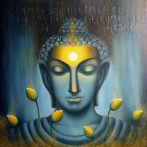 Religious oil painting titled 'Buddham', 36x36 inches, by artist Madhumita Bhattacharya on Canvas