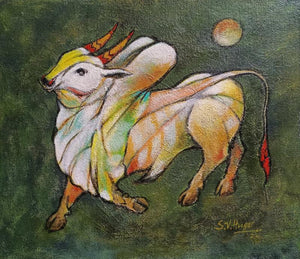 Animals acrylic painting titled 'Bull 13', 10x11 inches, by artist Shivu Hugar on Board