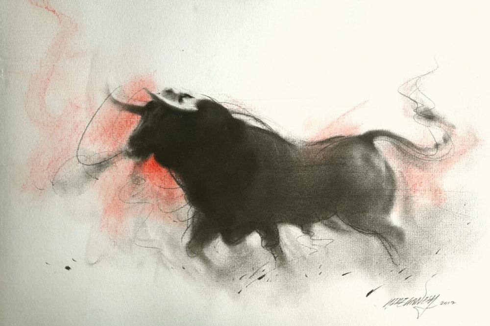 Animals charcoal drawing titled 'Bull 2', 15x20 inches, by artist Ganesh Hire on Paper