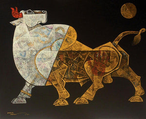 Animals acrylic painting titled 'Bull 2', 36x30 inches, by artist Dinkar Jadhav on Canvas