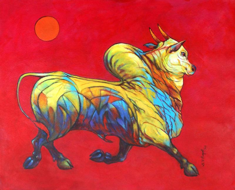 Animals acrylic painting titled 'Bull 33', 26x33 inches, by artist Shivu Hugar on Canvas