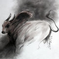 Animals charcoal drawing titled 'Bull 8', 8x8 inches, by artist Shivu Hugar on Paper