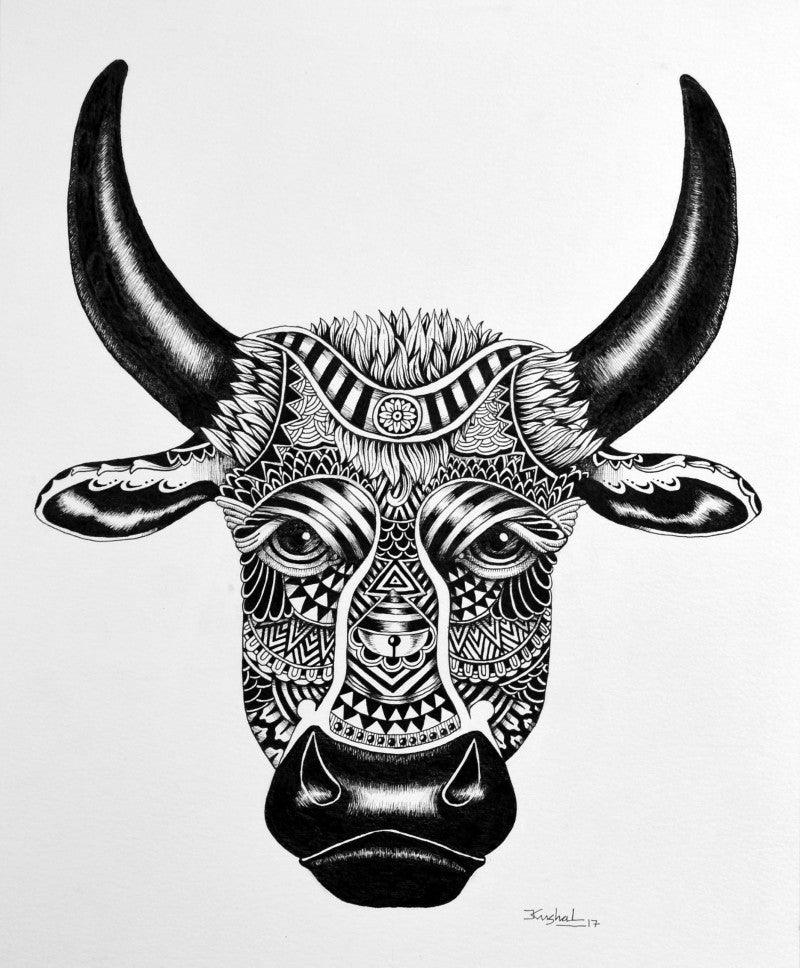 Animals pen drawing titled 'Bull', 15x11 inches, by artist Kushal Kumar on Paper