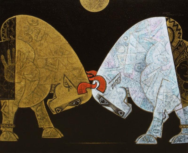 Bull Friends Forever Painting by Dinkar Jadhav | ArtZolo.com