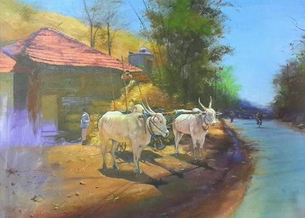 Bull In Village Painting by Jitendra Gaikwad | ArtZolo.com