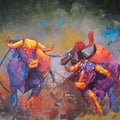 Impressionist acrylic painting titled 'Bull race', 28x35 inches, by artist Lisha N T on Canvas