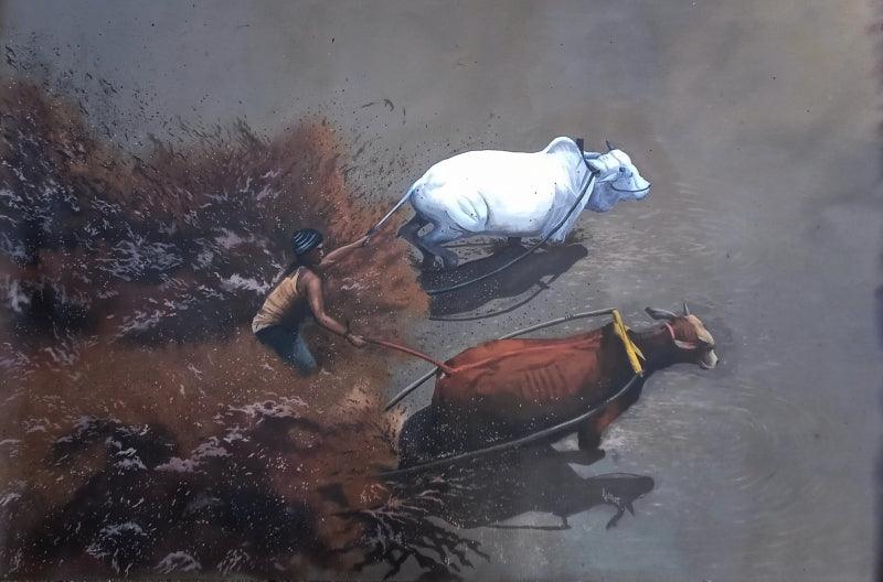 Animals acrylic painting titled 'Bull race', 28x42 inches, by artist Lisha N T on Canvas