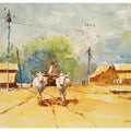 Landscape watercolor painting titled 'Bullock Cart', 14x10 inches, by artist Soven Roy on Handmade Paper